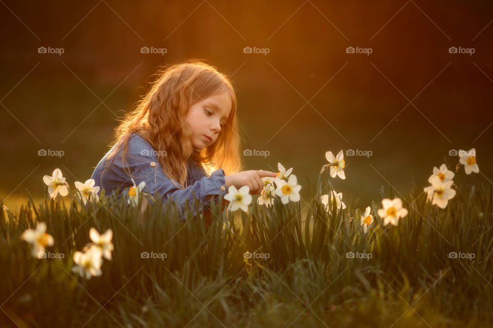 Little girl with narcissus at sunset