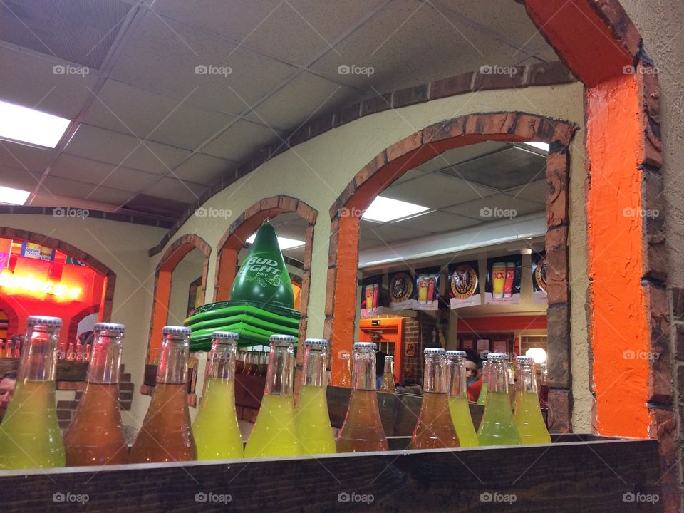 Mexican restaurant with multicolored bottles