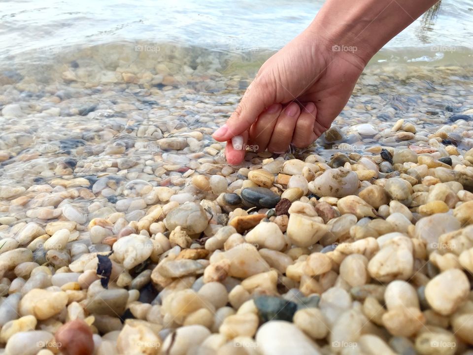 Woman's hand picking up a rock from multitude of rocks in the water