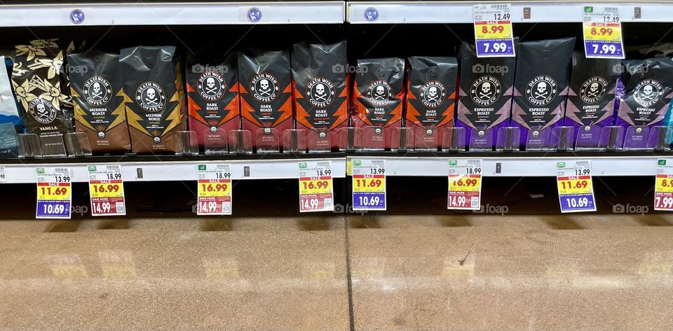 Shopping for coffee in the grocery store, Death Wish coffee brand, strongest coffee on the market, coffee made stronger 