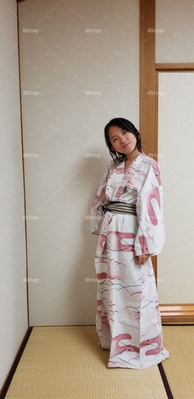 Me in a Yukata, a Japanese garment, a casual summer kimono usually made of cotton or synthetic fabric, and unlined.