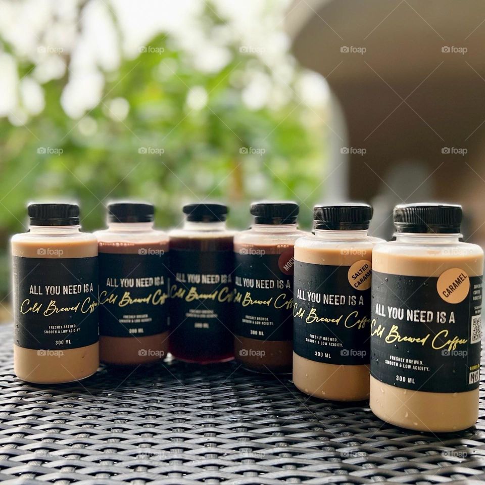 Ice cold cold brew coffee in a series 