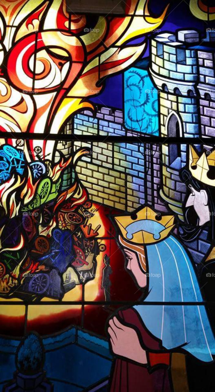 Disney land Paris / Euro Disneys
one of Sleeping beauty castles
stain glass window
(series available )
Sleeping Beauty Castle is the fairy tale structure castle at the center of Disneyland Park, Hong Kong Disneyland and Disneyland Paris. It is based on the late-19th century Neuschwanstein Castle in Bavaria, Germany,with some French inspirations (especially Notre Dame de Paris and the Hospices de Beaune).