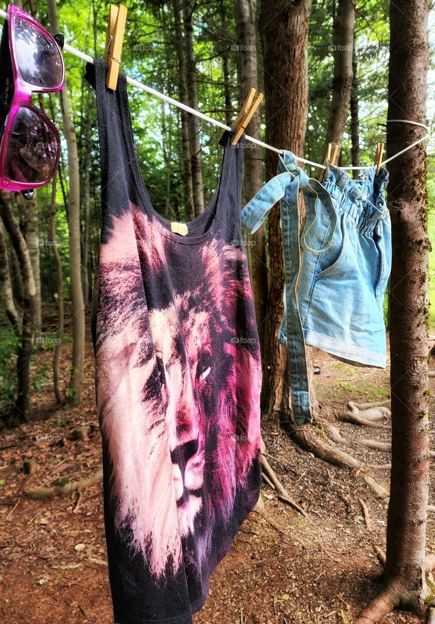 Summer outfit hanging on a clothes line