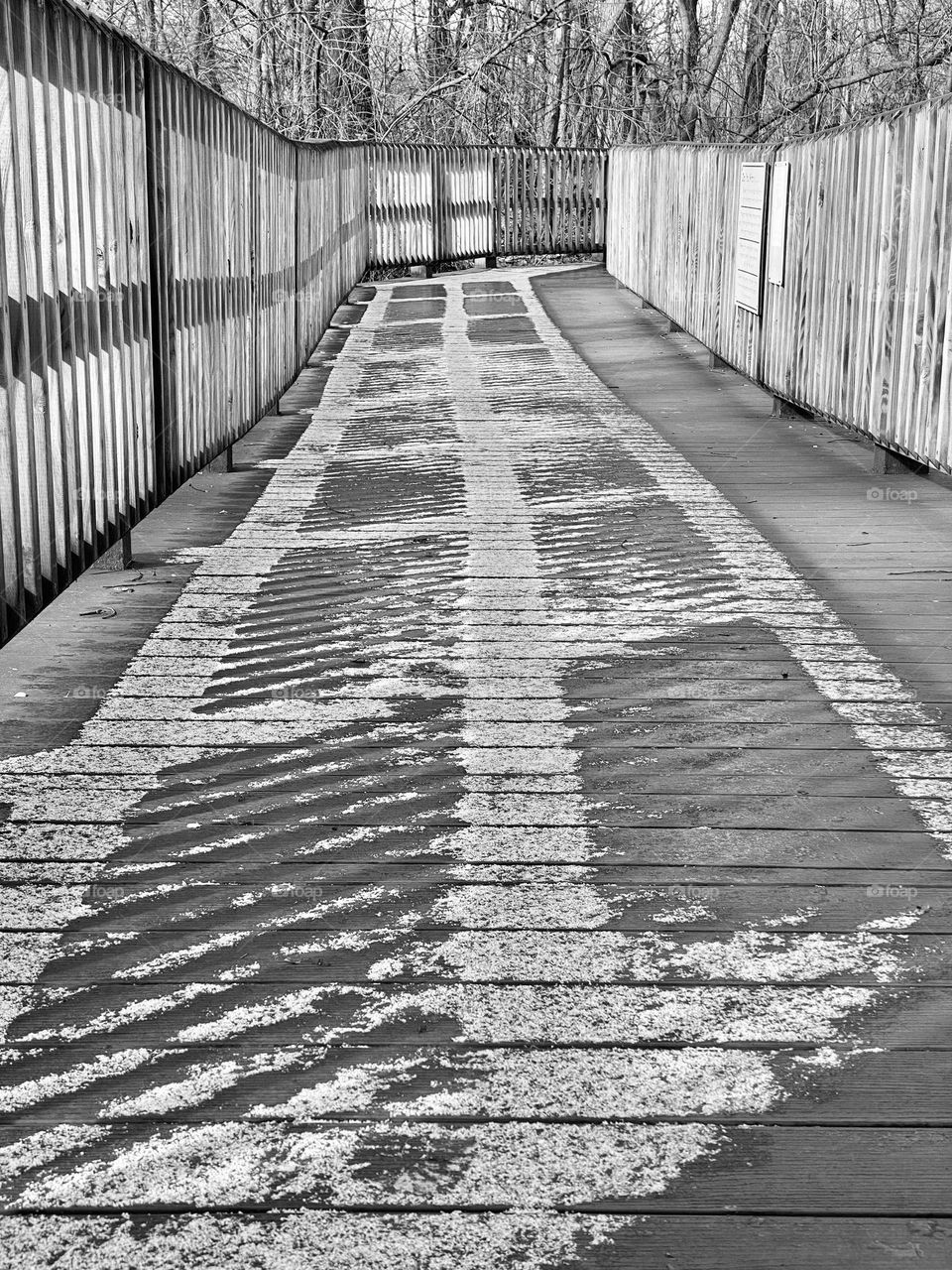 A boardwalk covered with some melting snow around the edge of a quarry lake at a local park