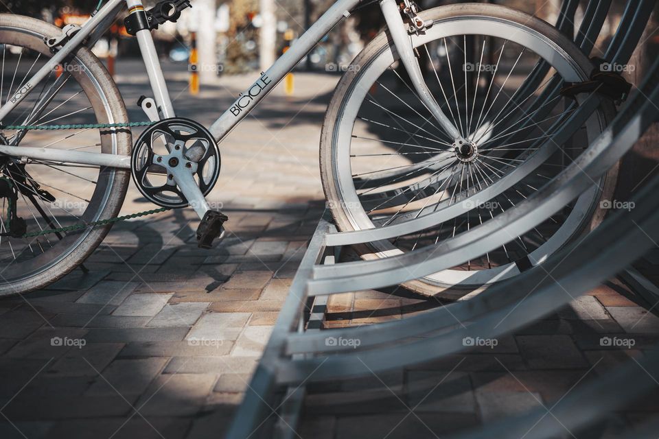 Parking place for bicycles . low angle view