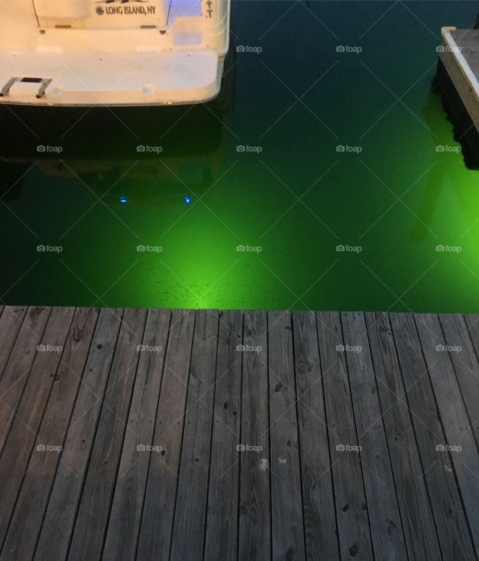 green water illuminated dock with bottom of boat shown and extremely small school of fish in hazy water. 