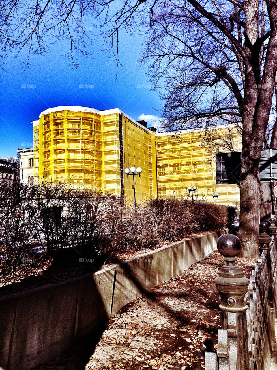 yellow building, blue sky