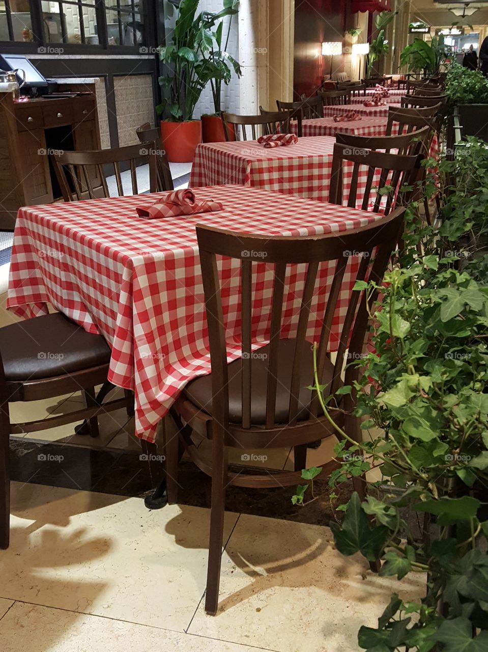 Classic red checker table cloth dining area