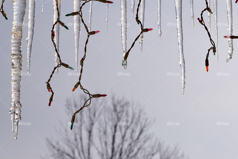 A row of icicles hanging from the roof alongside the Christmas lights.