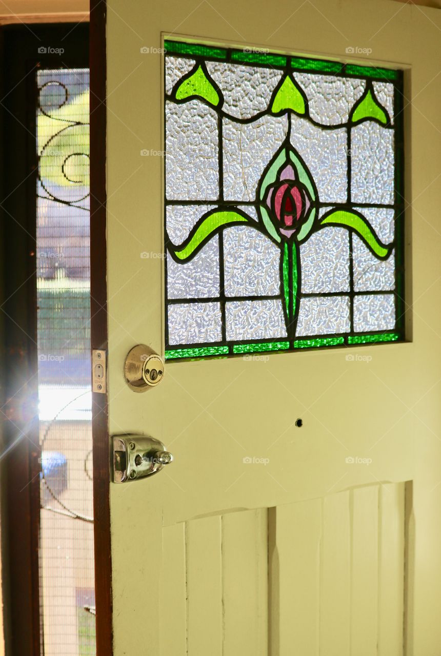 Antique wood cottage door with stained glass window inserts circa Art Deco period 1930s