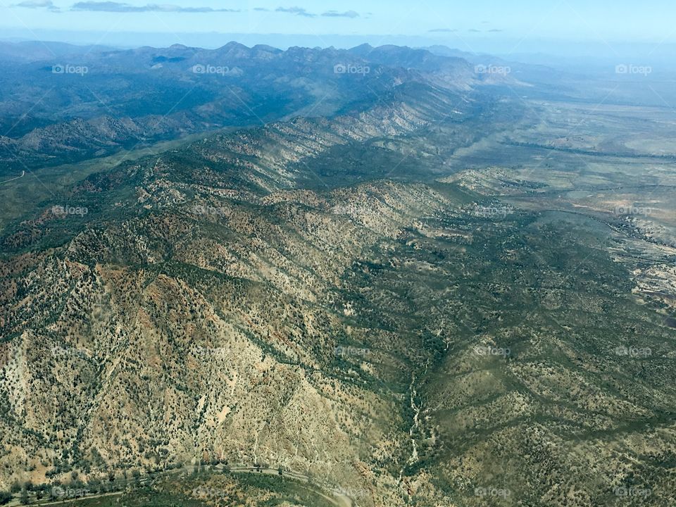 Aerial view Australian Flinders Ranges of scientific significance and gorgeous in Spring full of colour especially after this years significant rainfall 