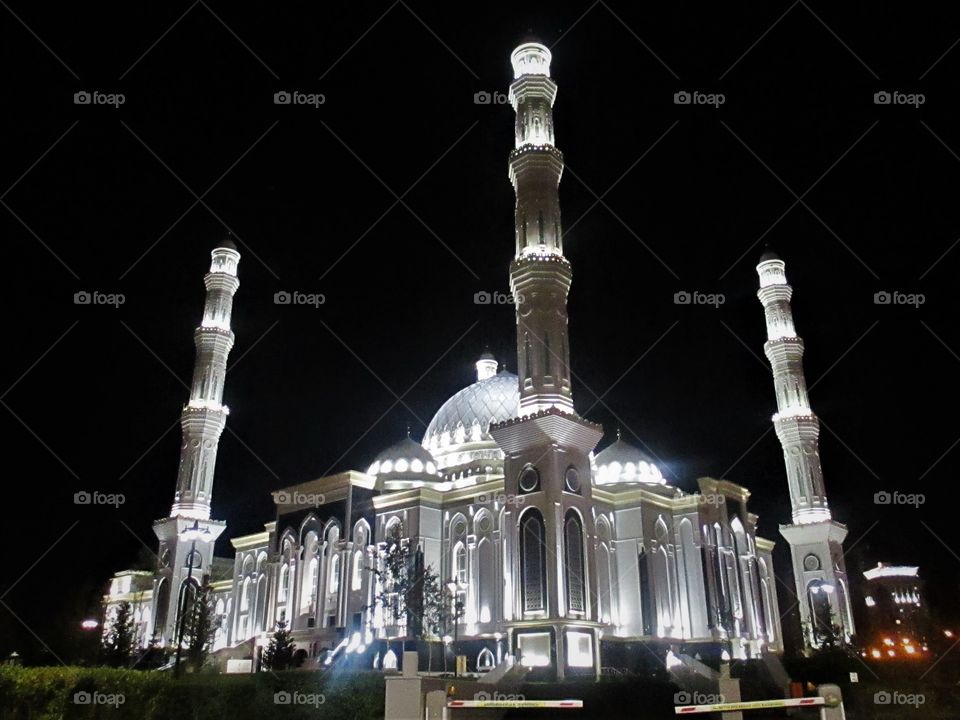 Khazret Sultan mosque, Astana Kazakhstan at night time: one of the biggest in central Asia.