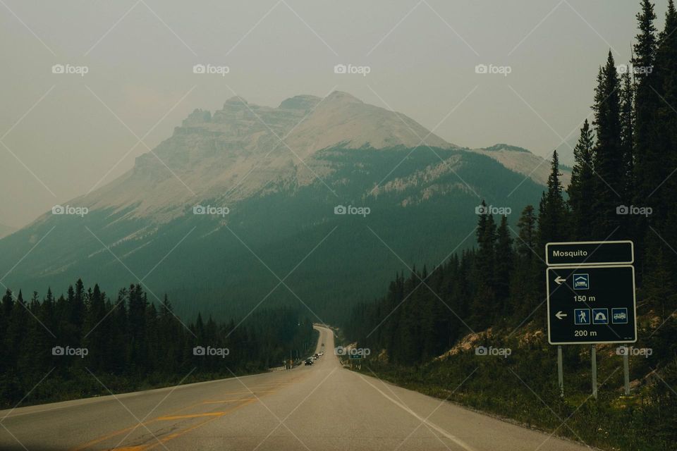 Canadian Rockies mountains in Alberta with open road and snowy peaks