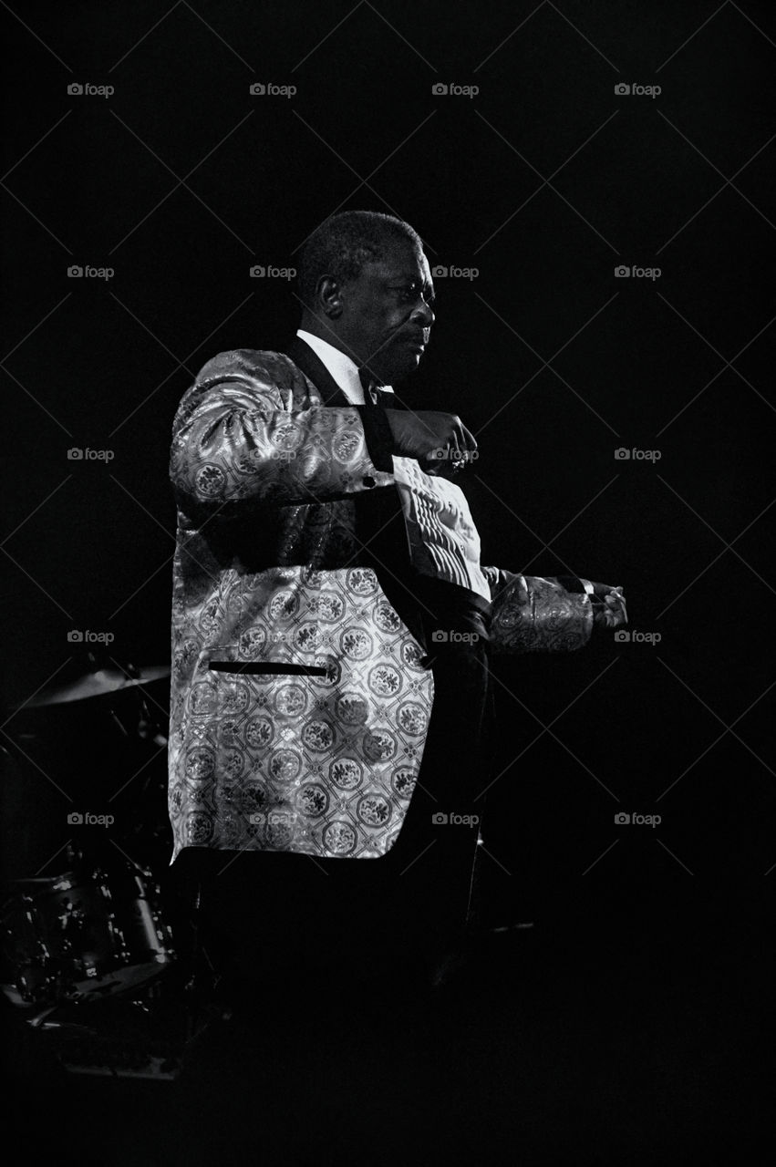 10 March 1996, the legendary Blues Boy, B. B. King performing at the Arena Hall in Poznan, Poland. American blues guitarist and singer-songwriter. Archival image could have imperfections as it is digital reproduction from b&w negative. Editorial use.