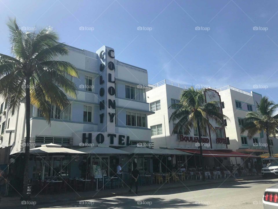 This is the front of Colony Hotel and Boulevard Hotel on Ocean Avenue in South Beach, Miami Beach, Florida. Taken from across the street from the park between the street and the beach. This is the setting for the Scarface scene where Tony shoots the Colombian cocaine dealer in the head out in front of the hotel. This is almost the same view from this picture of that scene. Classic movie and still a great setting, the hotels still look the same in 2017 as they did in the 1980s movie about Cuban refugee Tony Montana who became a drug lord in Miami.