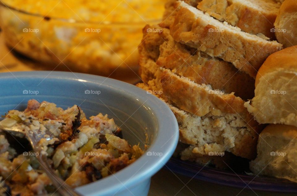 Bowl of stuffing & fresh baked bread