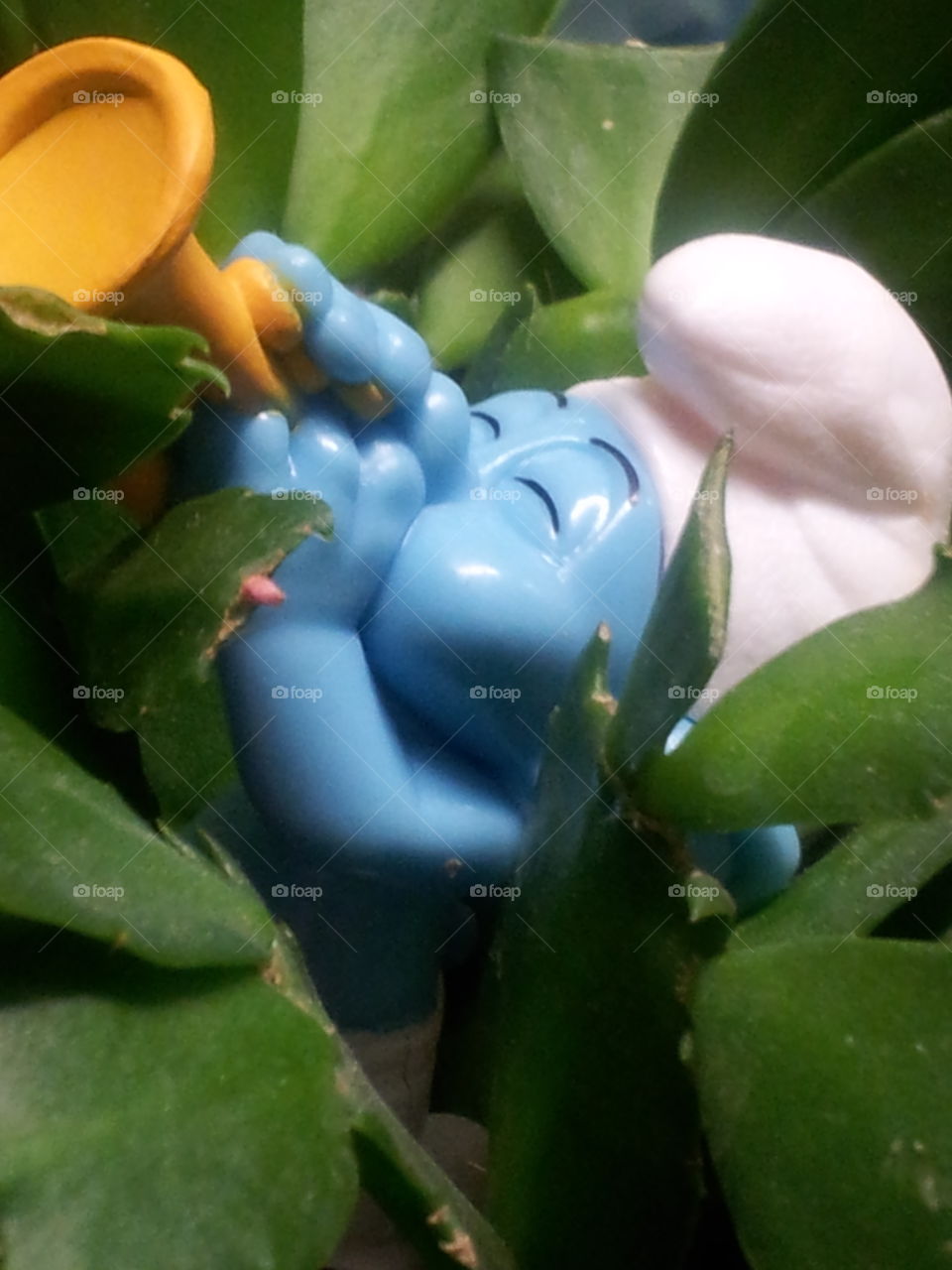 A Smurf found hidden in a plant pot.