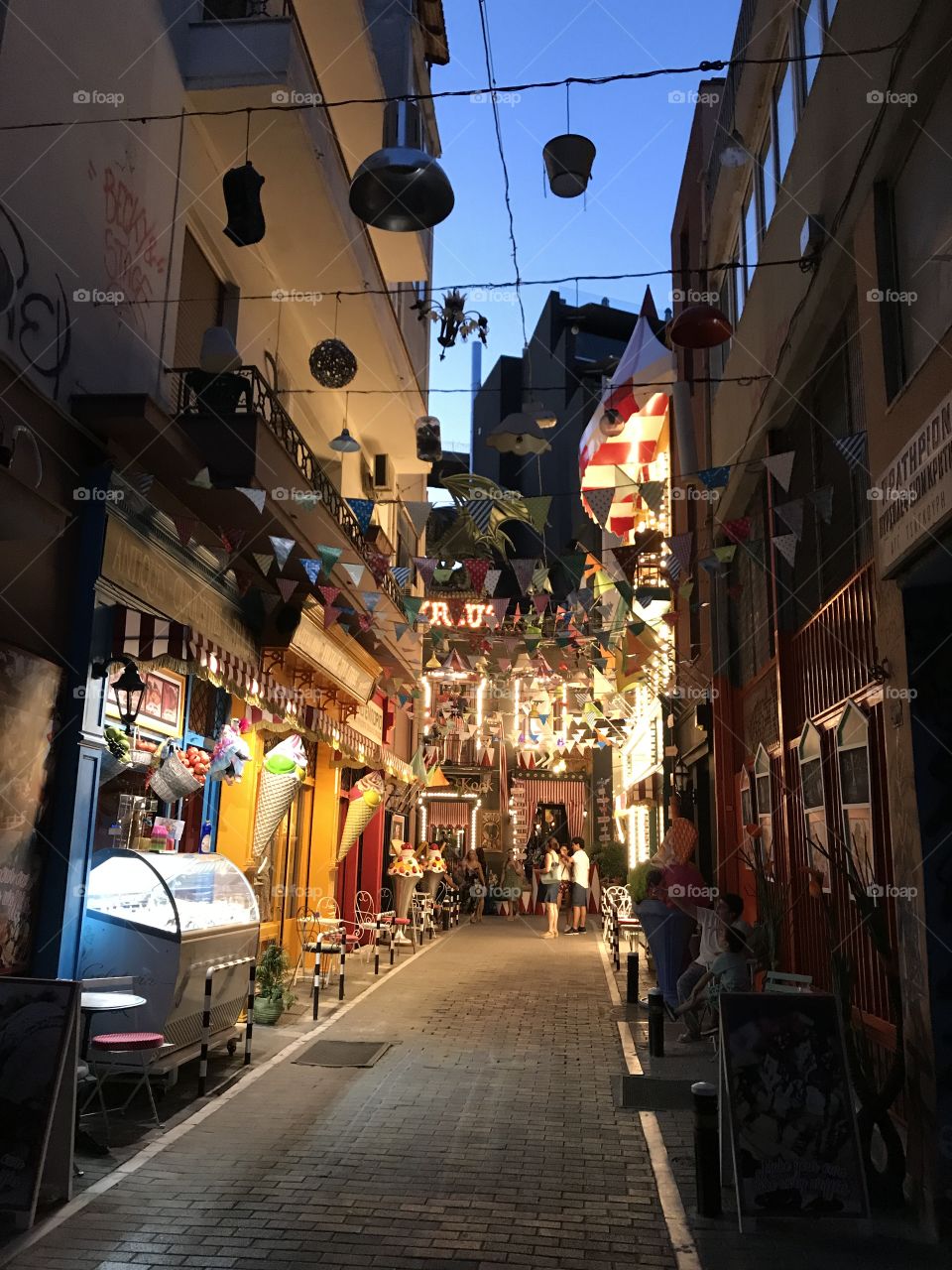 Beautiful street in Athens at night.