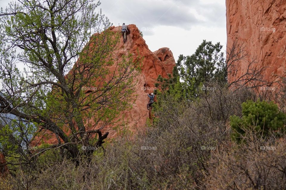 Climbers scale a red rock spire in a park