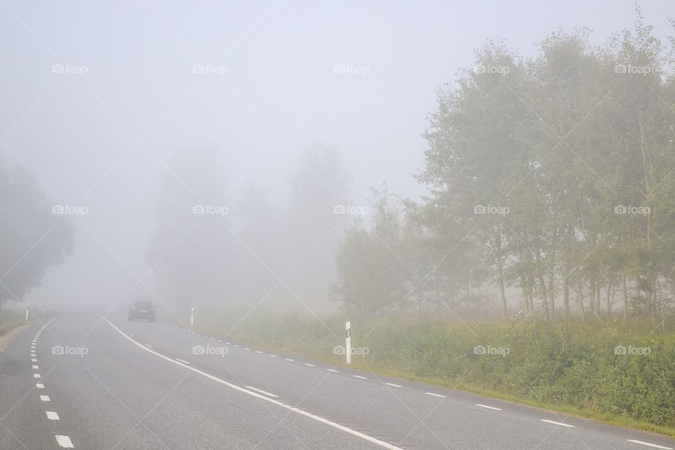 A car on a foggy road
