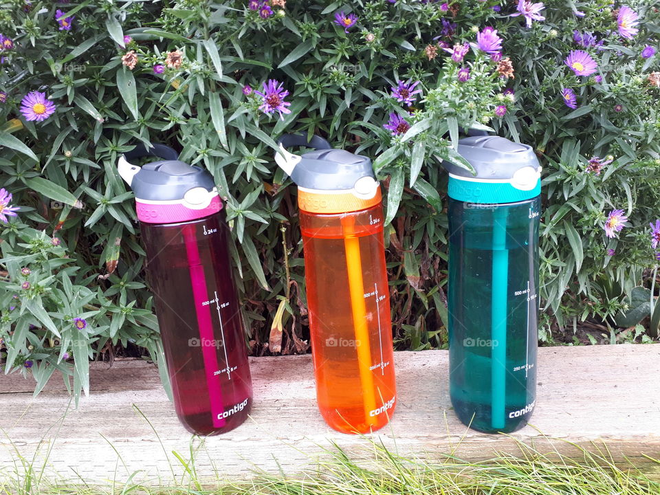 Going green with colorful water bottles.