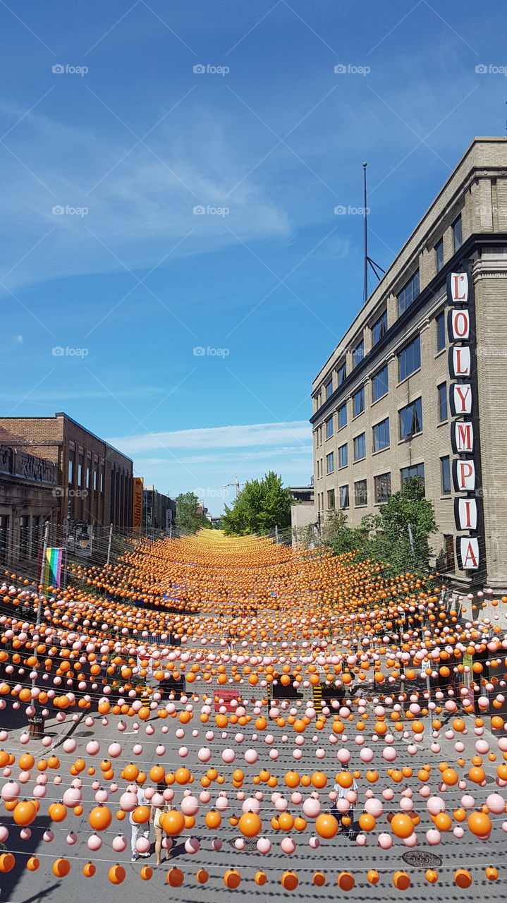 Sainte Catherine decorated with the multicolour balls, Montréal, Québec, Canada