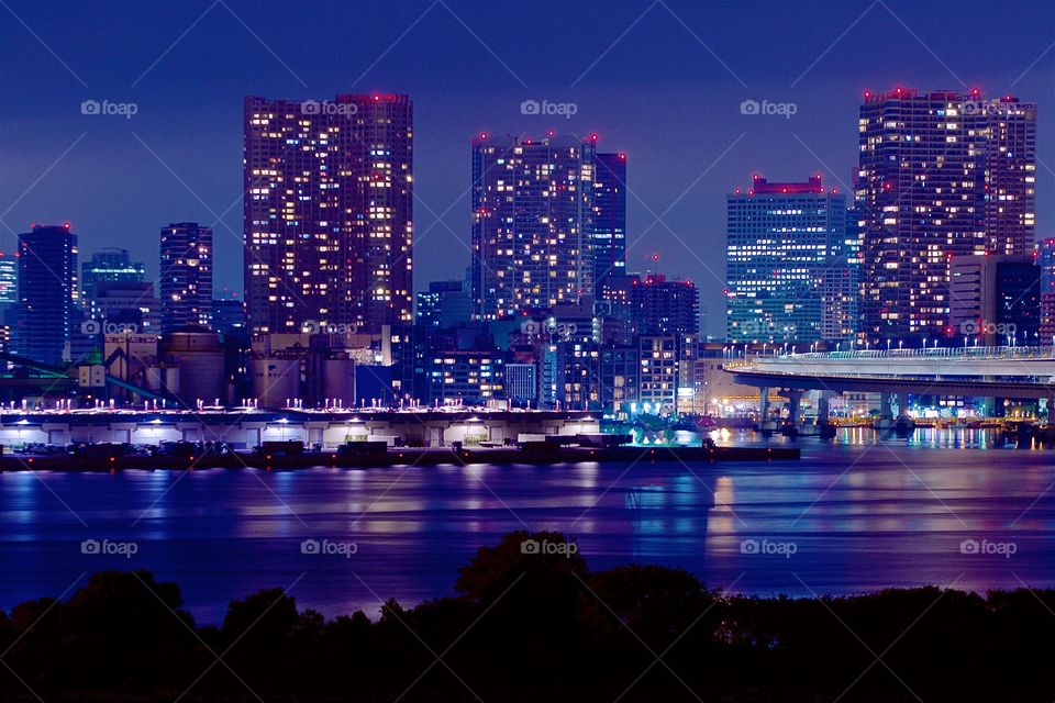 Apartments along Tokyo Bay at blue hour
