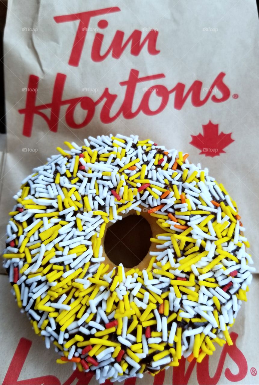 Tim Hortons Chocolate Dipped Sprinkle Donut, or Doughnut, in fall colors.