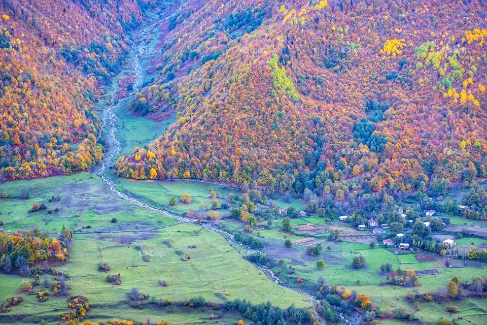 Colorful autumn scene of mountain scape along the way in Georgia 