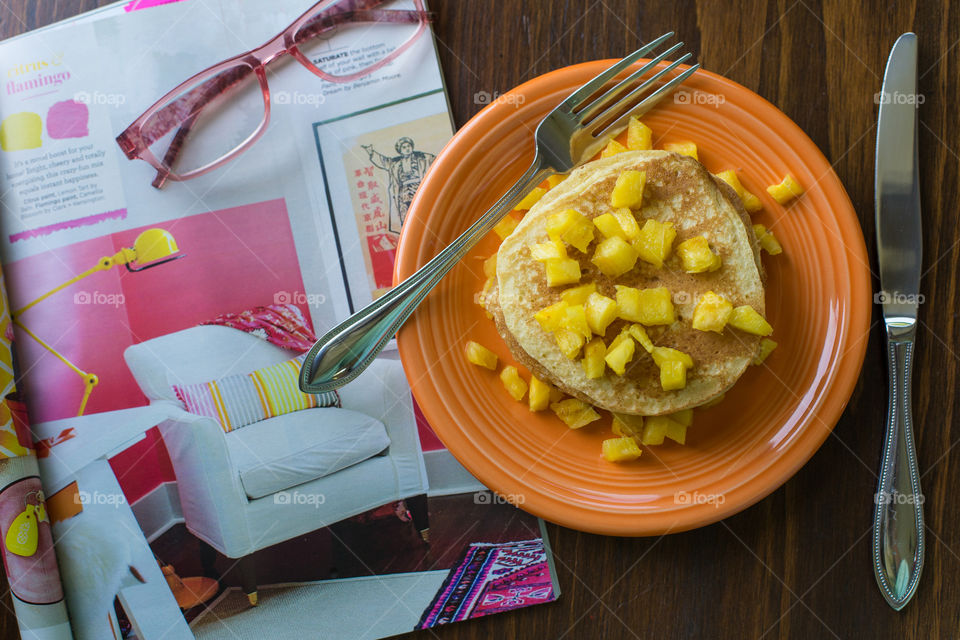 Breakfast Pancakes with Pineapple Food Flat Lay