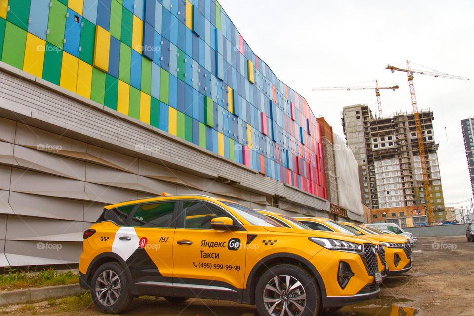 taxi cars in a row on a colored wall background