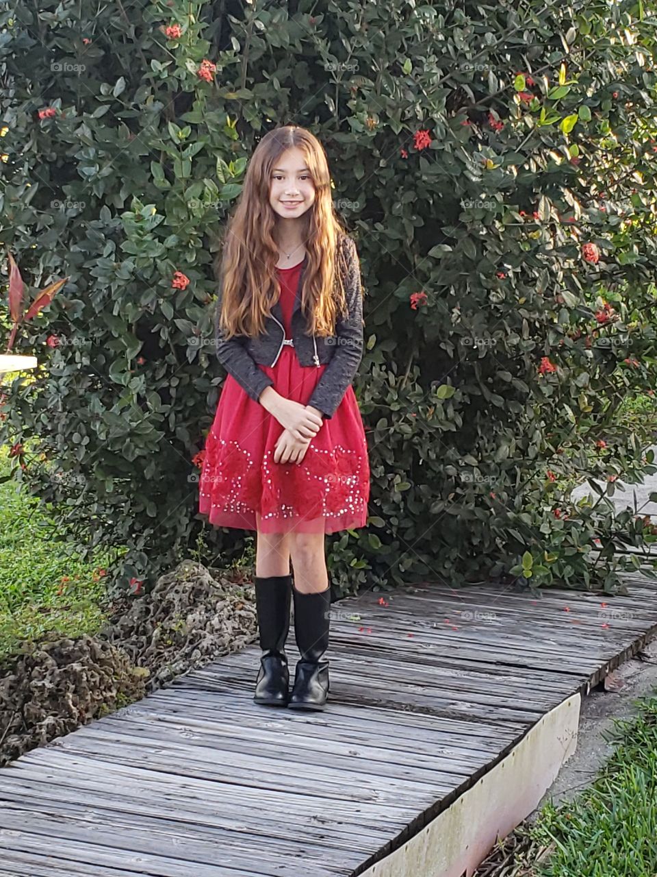Dream big Sophia my beautiful 10 year old daughter dressed red dress black boots, sassy