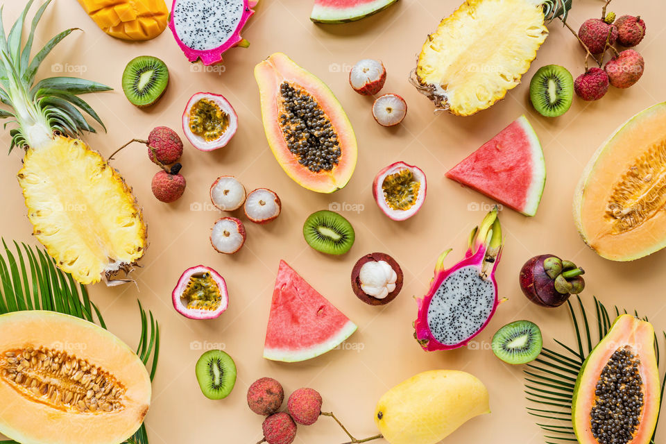 Flat lay of fresh exotic fruits 