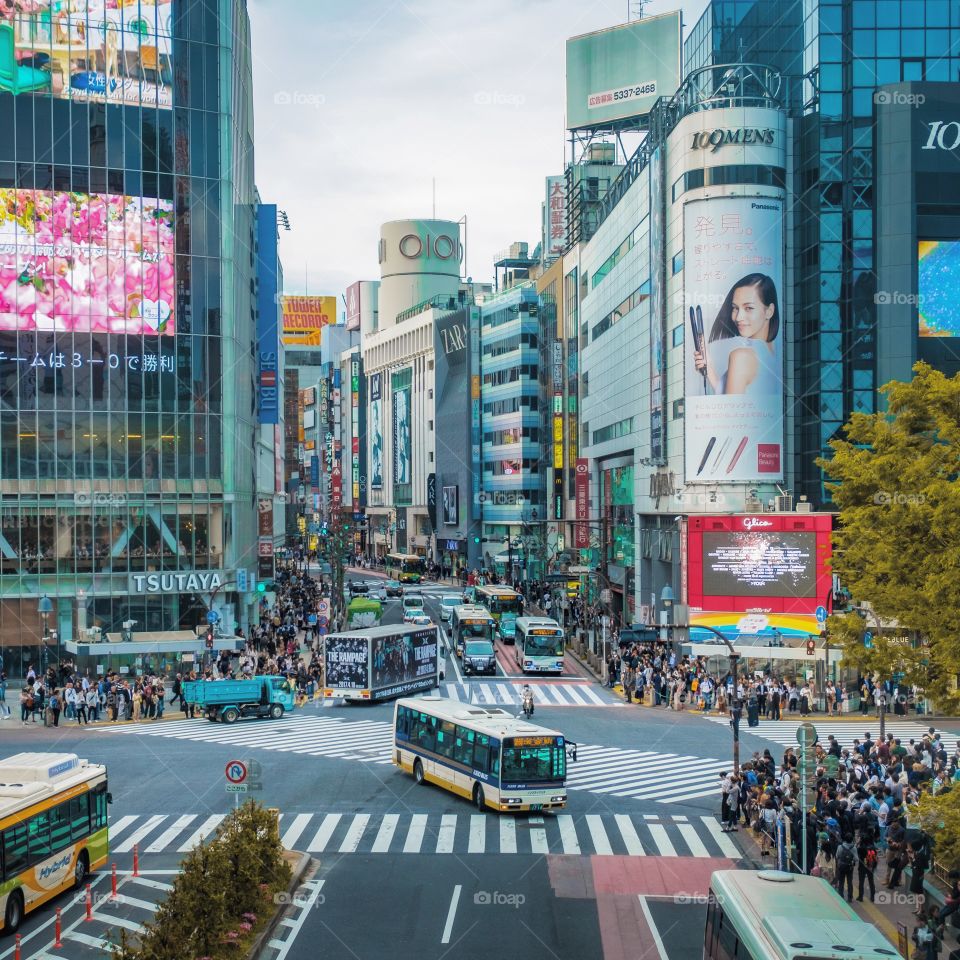 The famous Shibuya Crossing in Tokyo, Japan, the biggest and busiest pedestrian crossing in the world.