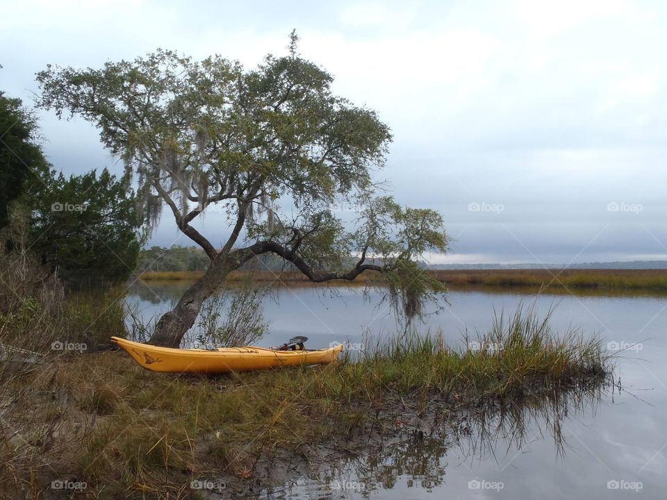 Kayak resting on shore