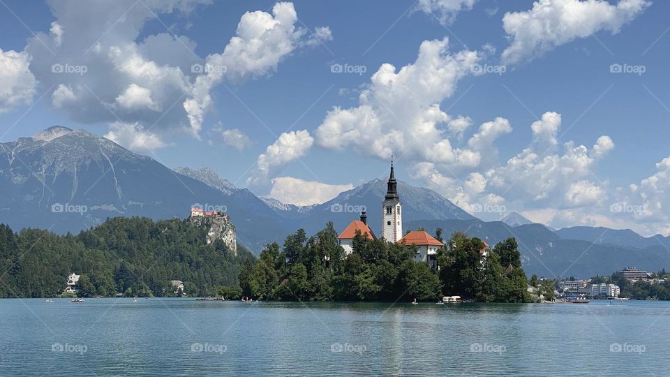 Lake Bled. Amazing sunny day. Beautiful scenery. Landscape. Nice cloudy sky.