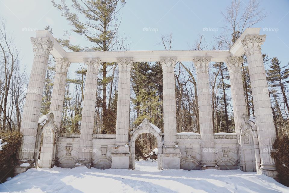 Traditional European stage in park in the winter