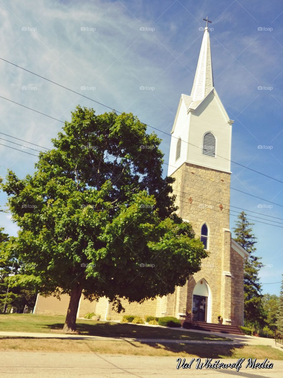 tree,church,blue sky