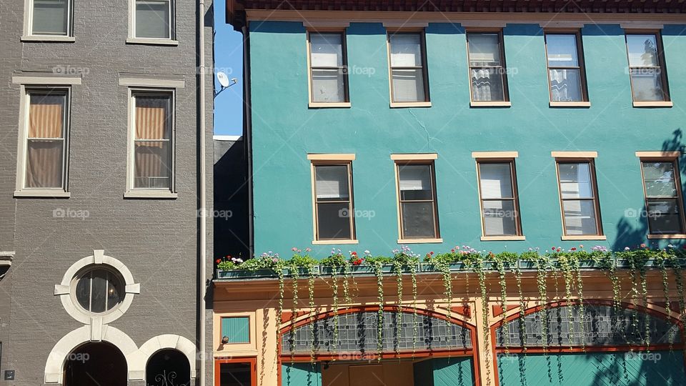 Brightly colored building exteriors with windows
