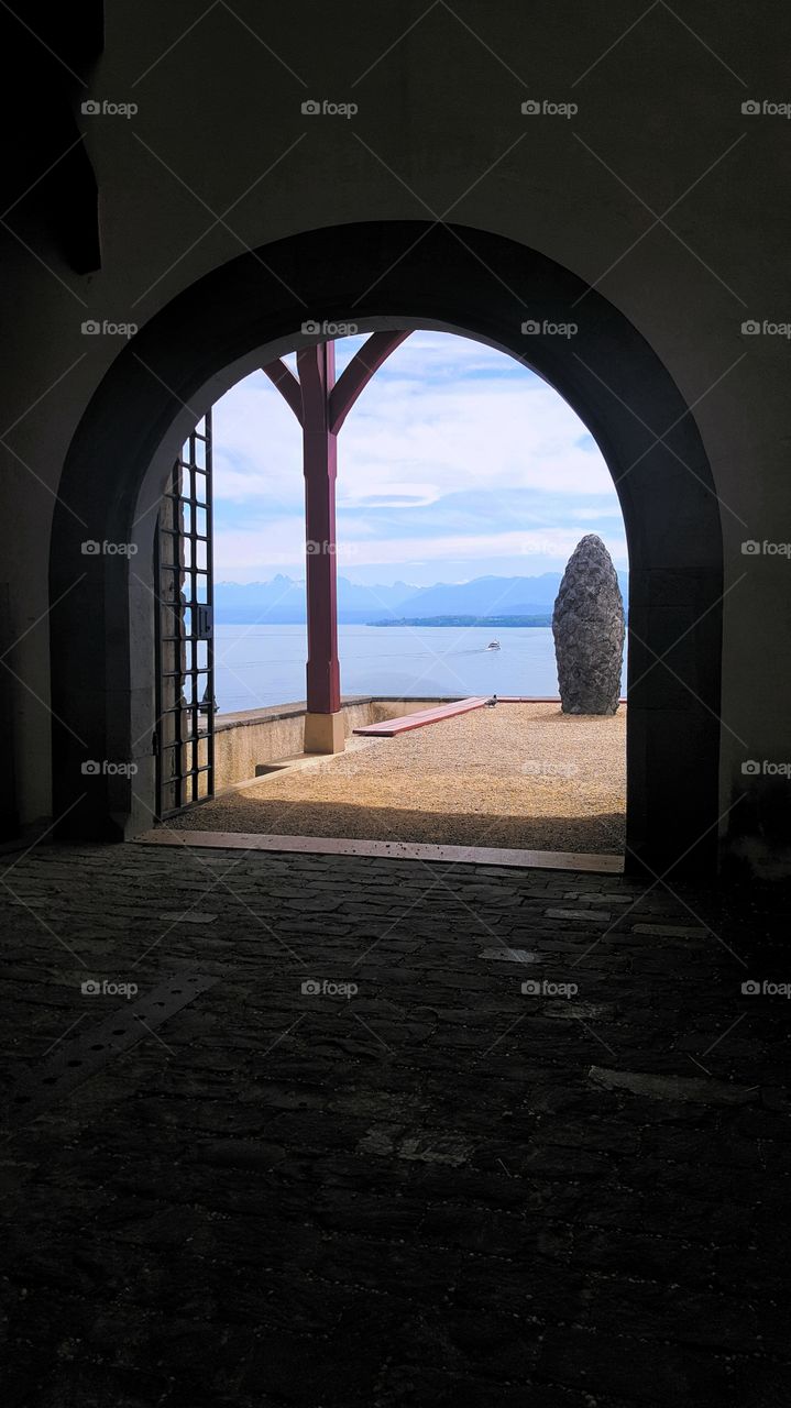 The View. View of Lake Geneva from inside le Château de Nyon, in Nyon, Switzerland.