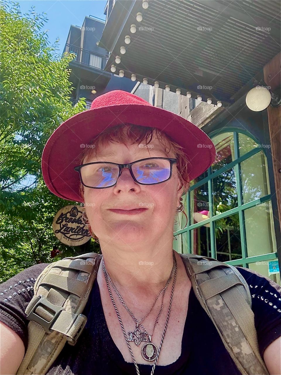 This is me, “Petra Schiller” a.k.a. “Maxine Firefox” in front of the lobby of the “BOX HOUSE HOTEL” on “Box Street” in “Greenpoint”, Brooklyn by “Newtown Creek” and the “Pulaski Bridge”. 2024. Hypnotic Productions