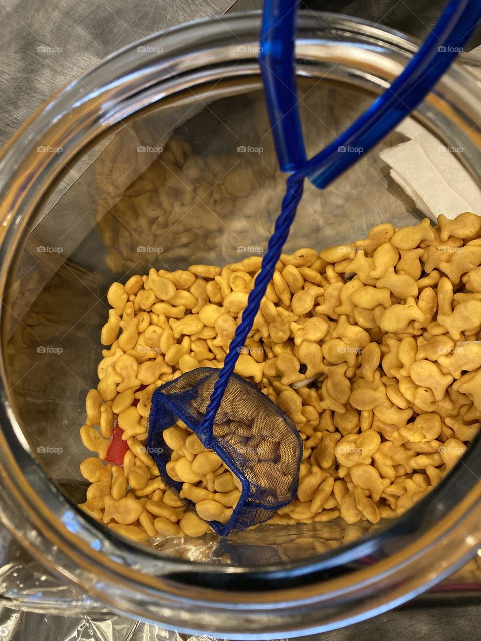 Goldfish crackers on a fish bowl with a net