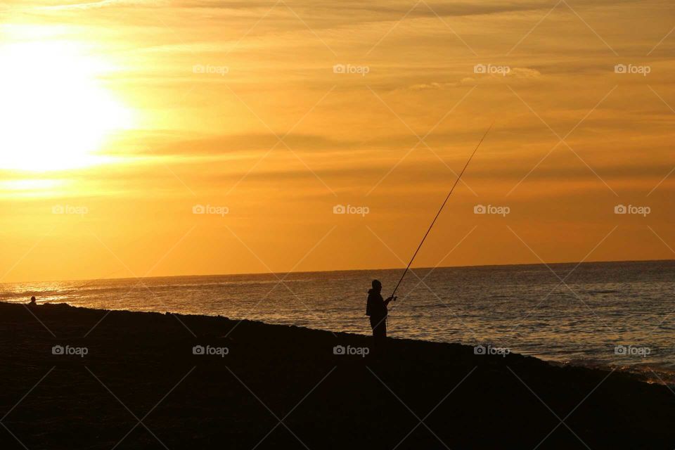 Sunset, Beach, Dawn, Sea, Fisherman