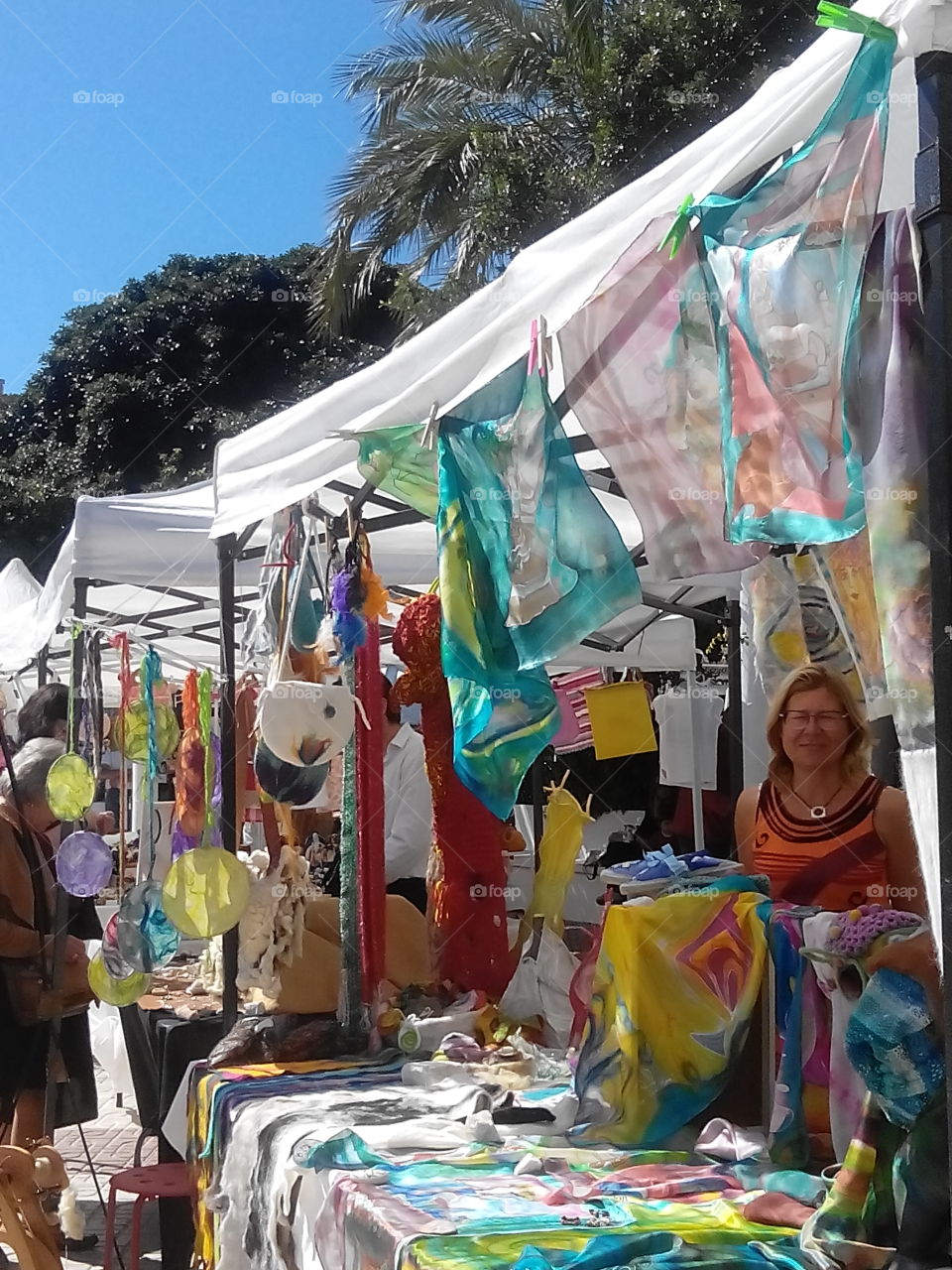 Market stalls,  Mijas  Pueblo,  Spain . Flamenco show at noon and market stalls the biggest attraction of Mijas Pueblo today 