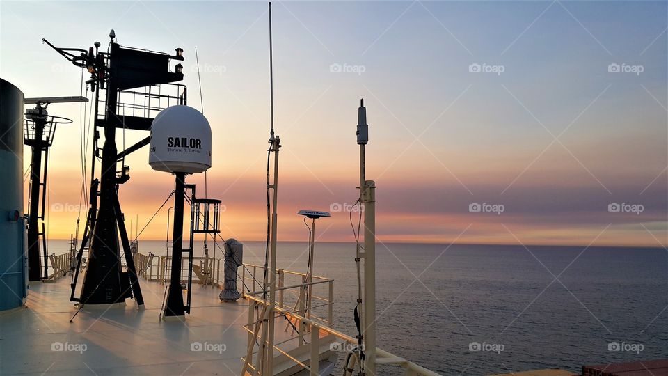 Container vessel at sea, view from monkey island