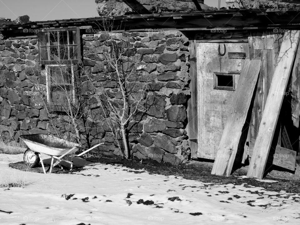 A cold storage building with old gardening tools long abandoned in Eastern Oregon. 