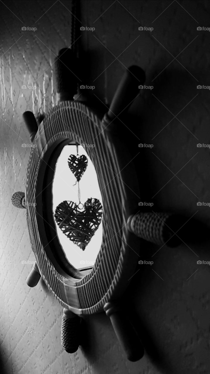 love hearts reflected in mirror in black and white