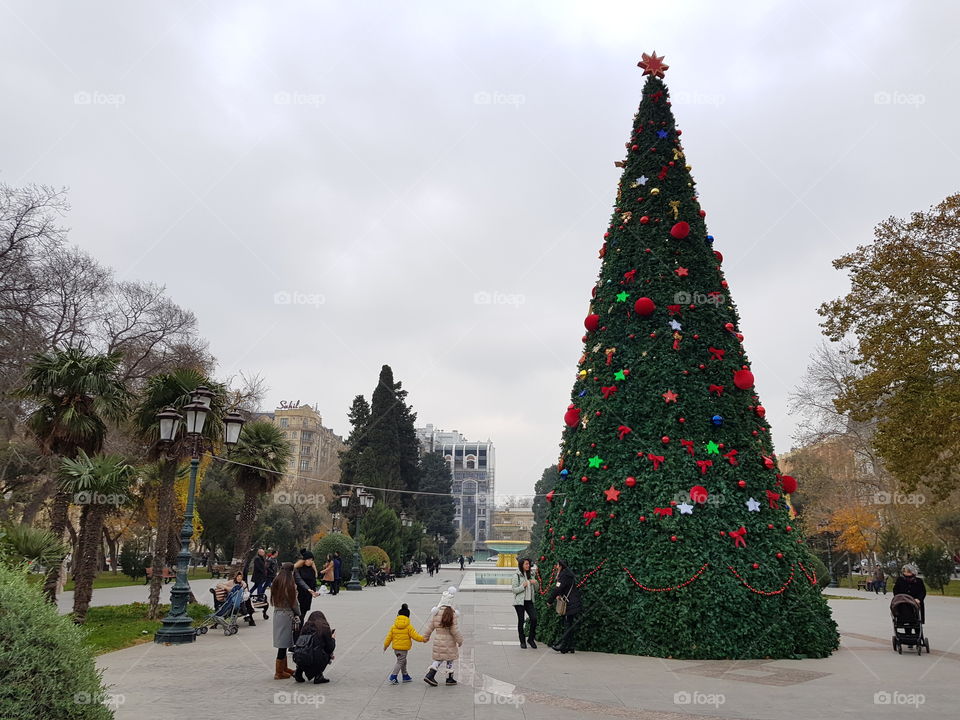 BAKU, AZERBAIJAN - DECEMBER 20, 2017: Unidentified people exploring Christmas tree and Christmas decoration at park in central Baku before Christmas.