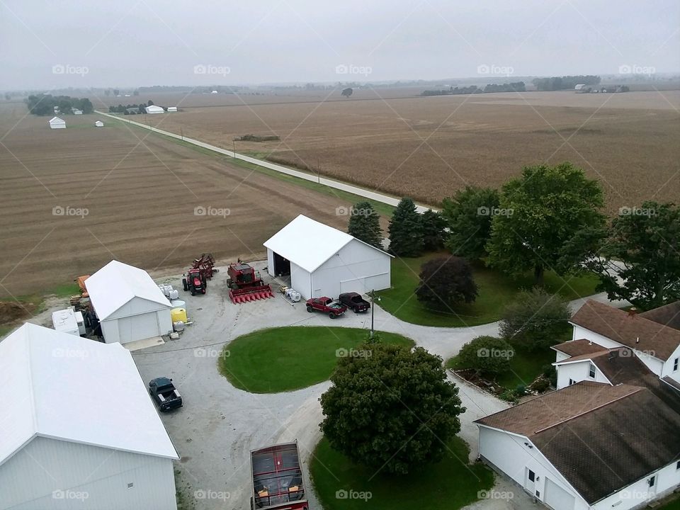 View of rural Ohio farmhouse from a 70 foot tower. 